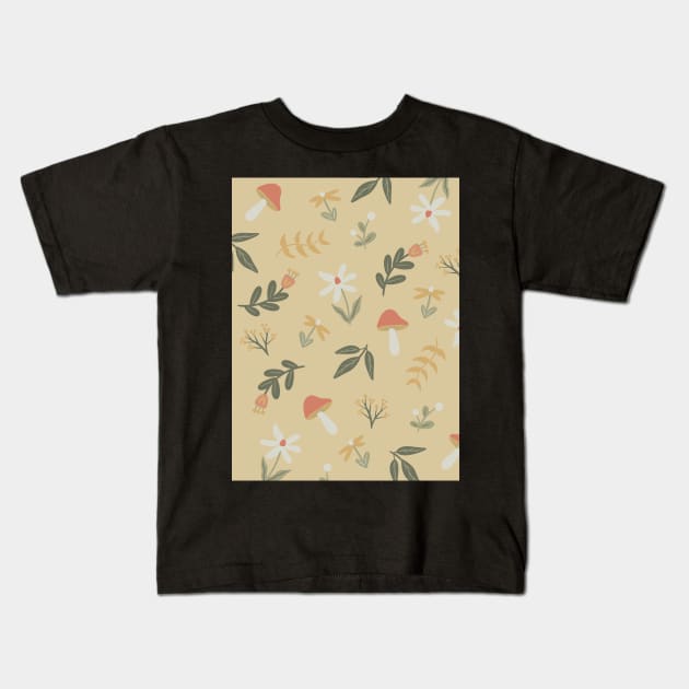 Flower & Mushroom Pattern - Yellow Kids T-Shirt by mckhowdesign